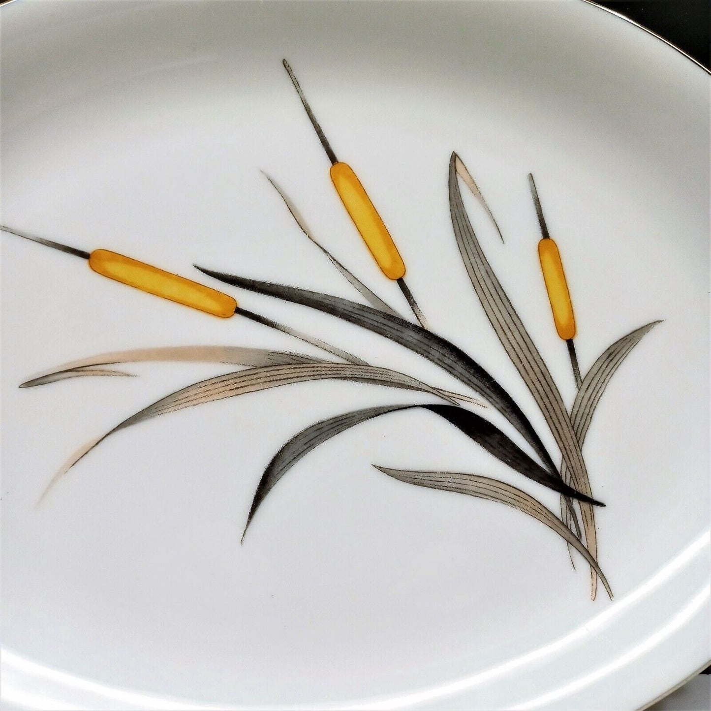 Sango Del Mar Small Oval Platter 12-3/8"x8.5" yellow cattails platinum trim MCM