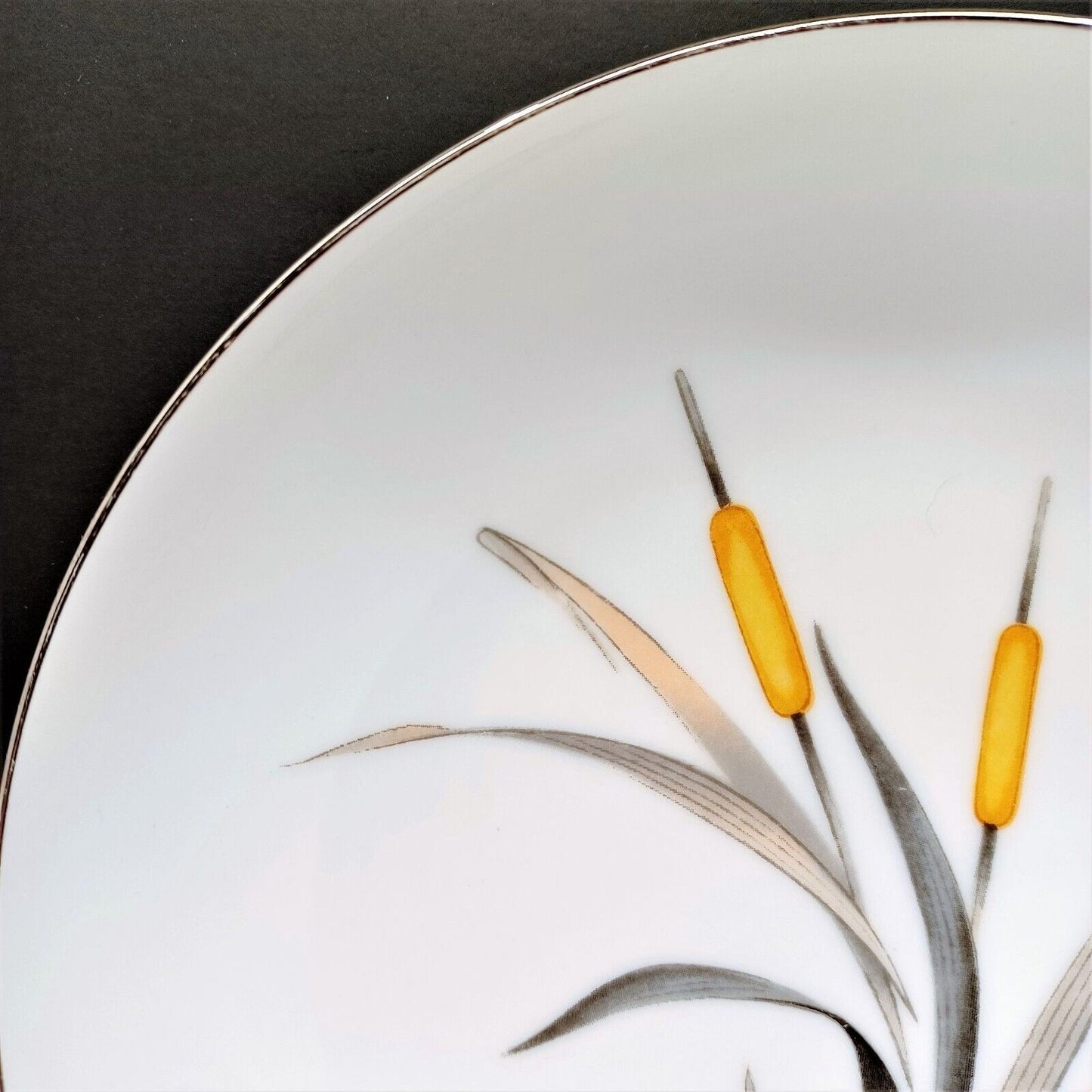 Set/9 Sango Del Mar Coupe Soup Bowls 7-5/8" yellow cattails platinum trim MCM
