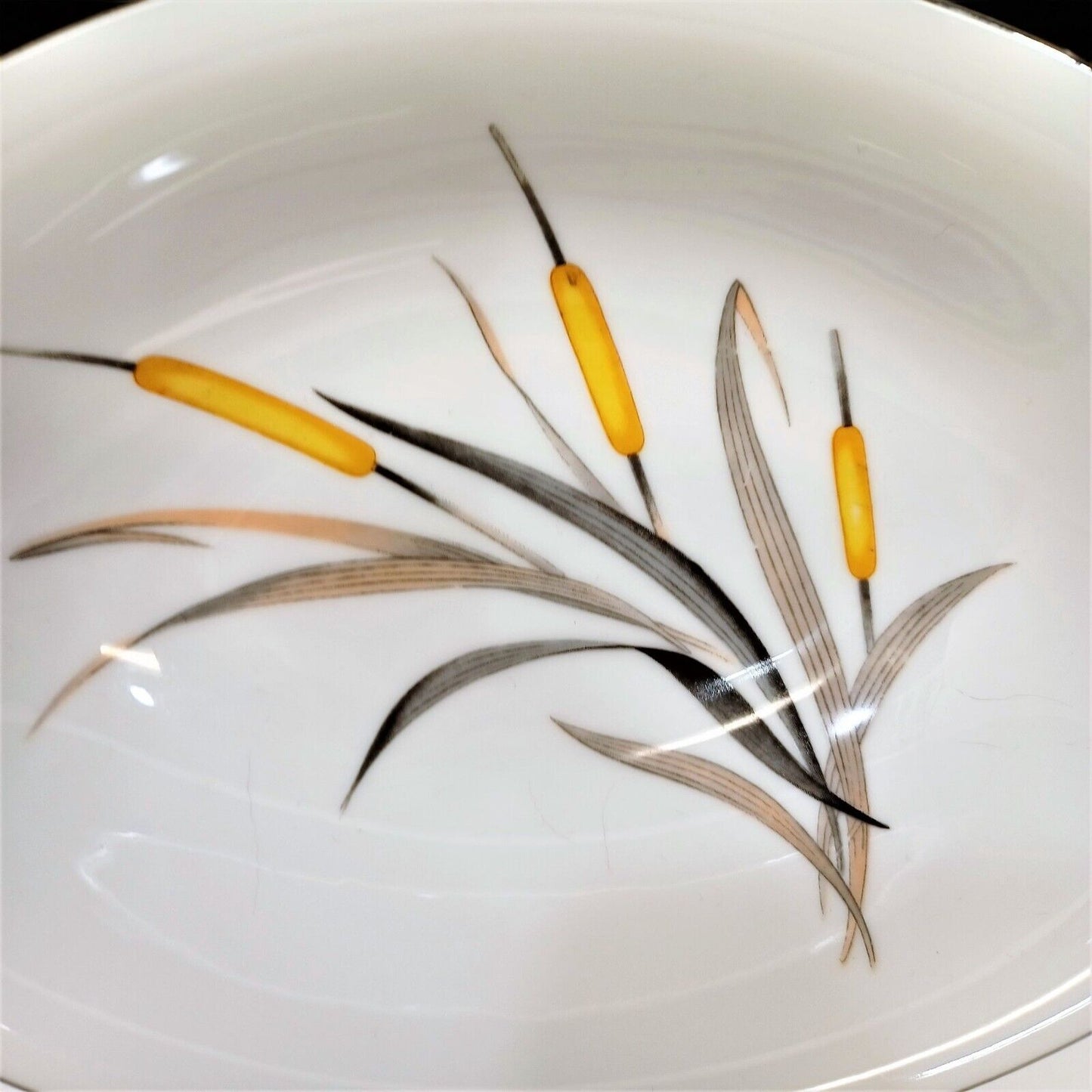 Sango Del Mar Oval Vegetable Serving Bowl yellow cattails platinum trim MCM