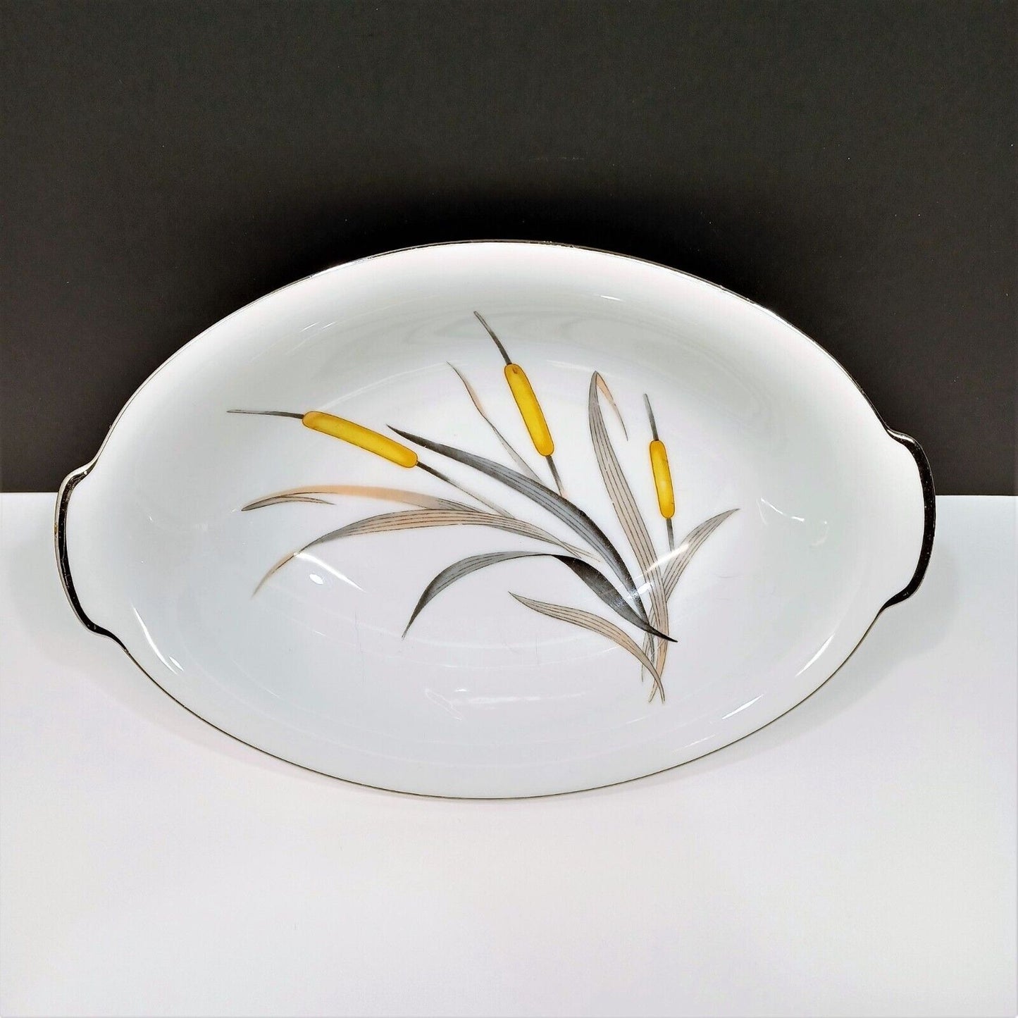 Sango Del Mar Oval Vegetable Serving Bowl yellow cattails platinum trim MCM