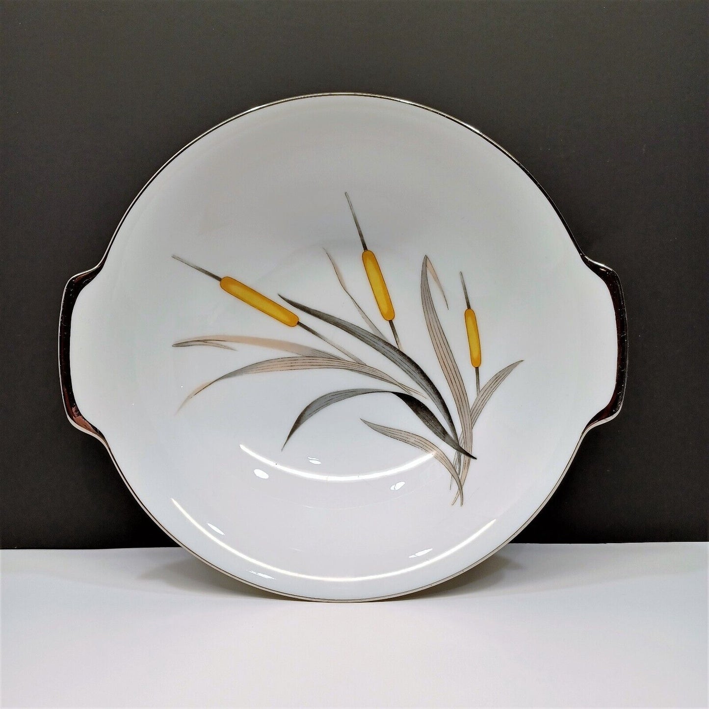 Sango Del Mar Round Vegetable Bowl yellow cattails platinum trim MCM mid-century