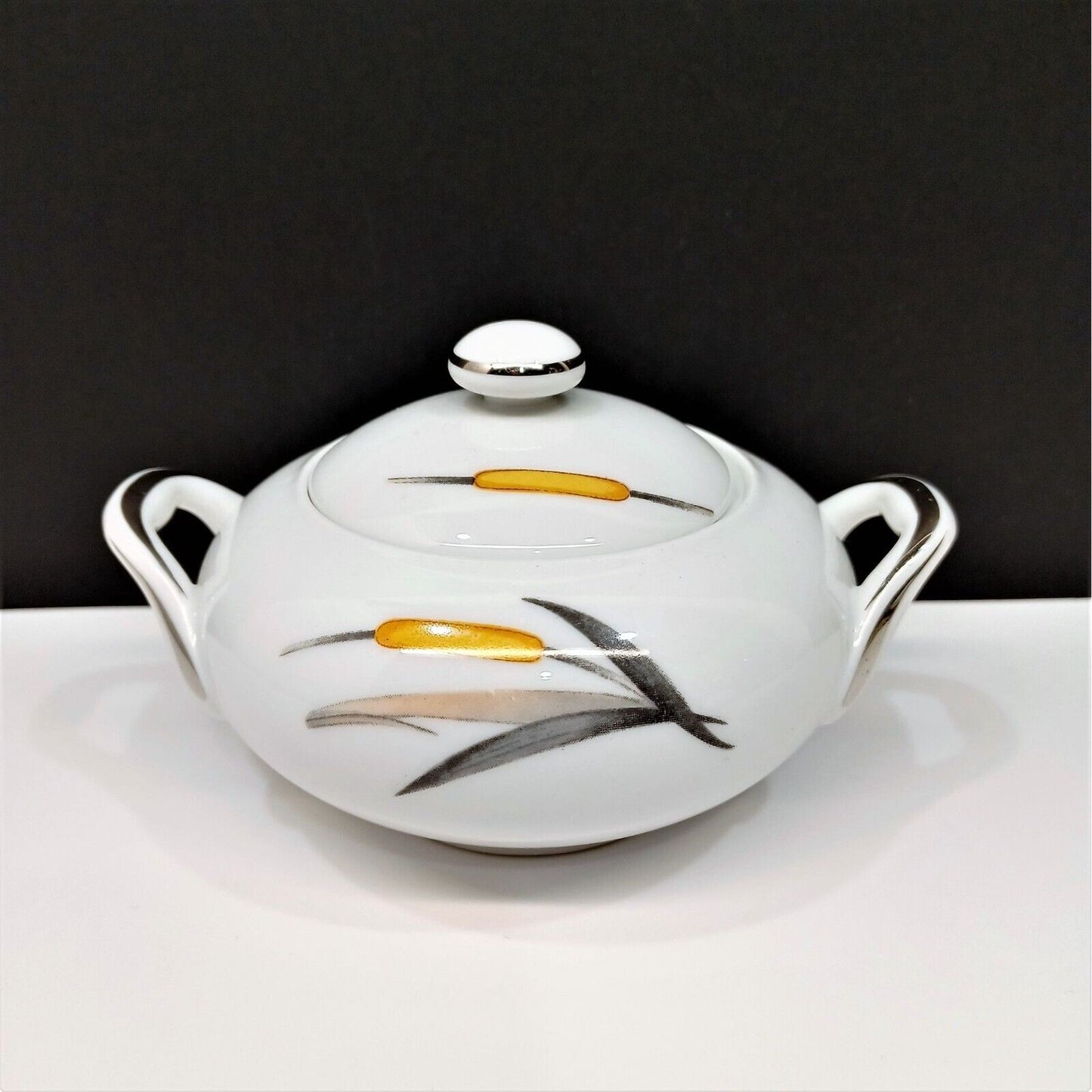 Sango Del Mar Sugar Bowl with Lid yellow cattails platinum trim MCM mid-century