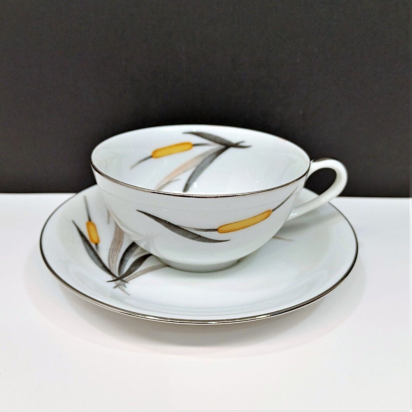 Lot/12 Sango Del Mar Cup & Saucer Sets yellow cattails platinum trim MCM