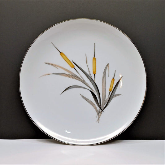 Set/11 Sango Del Mar Dinner Plates 10.25" yellow cattails platinum trim MCM