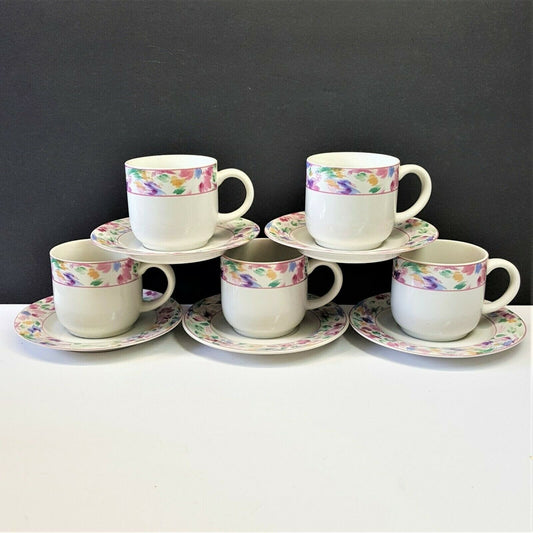 Set/5 Vitromaster Bali Cup & Saucer Sets stoneware pink floral abstract 1990