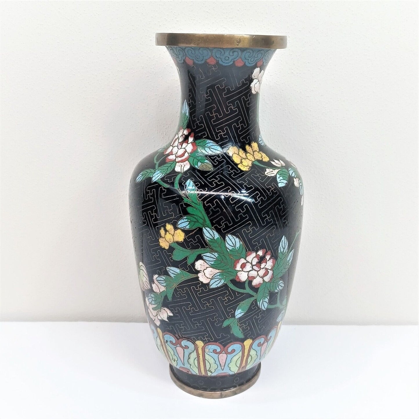 Vintage Chinese Cloisonne 9-1/4"h Vase Flowers black ground pre-WWII