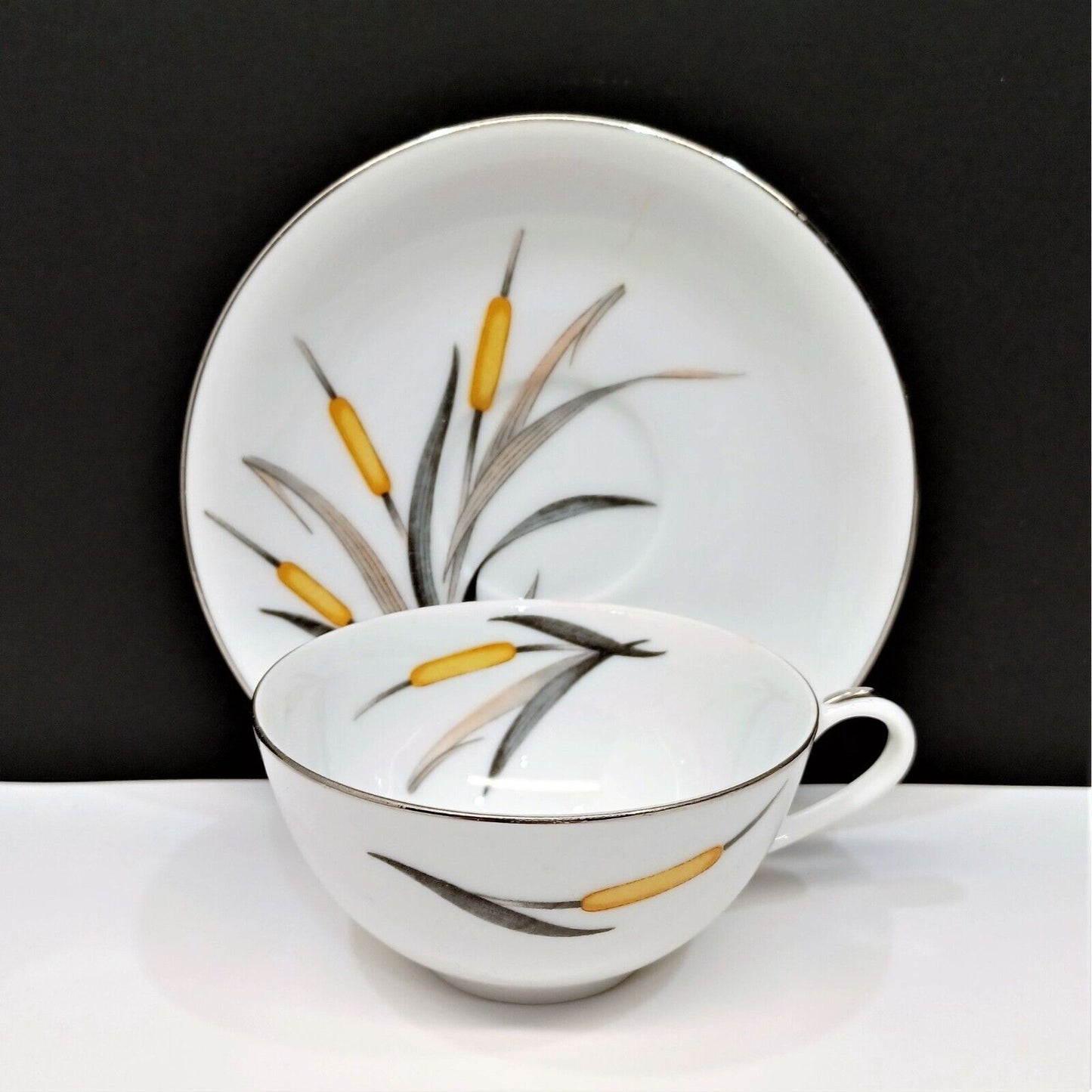 Lot/12 Sango Del Mar Cup & Saucer Sets yellow cattails platinum trim MCM