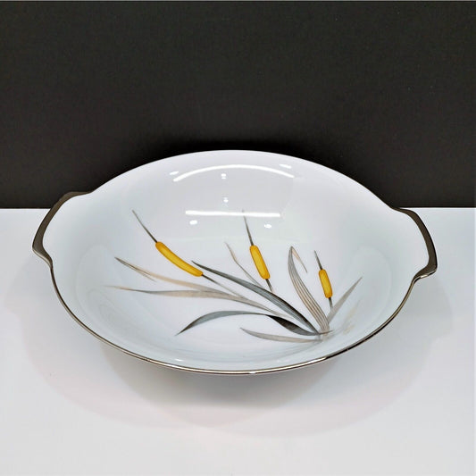 Sango Del Mar Round Vegetable Bowl yellow cattails platinum trim MCM mid-century