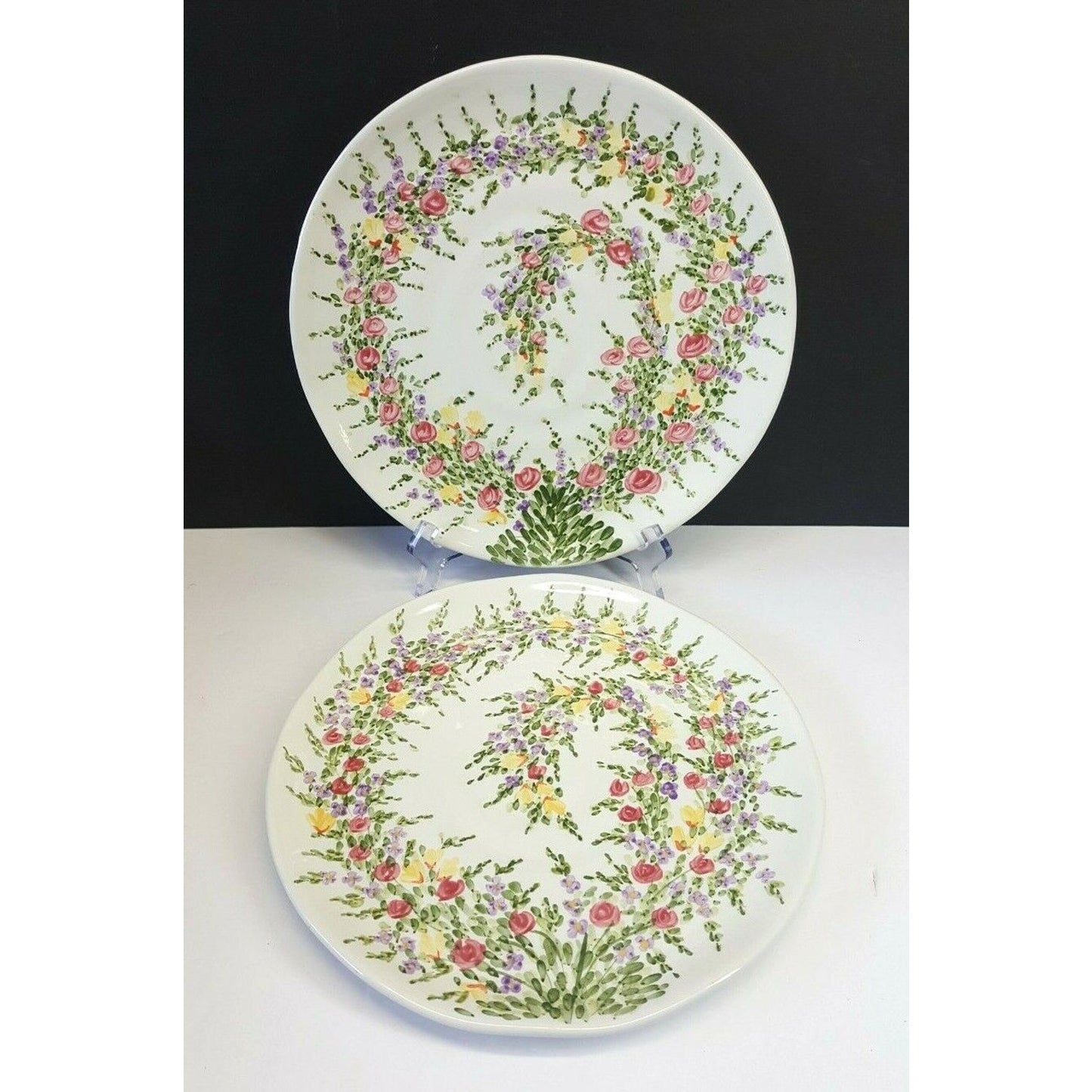 Set/2 Tabletops Unlimited Spring Garden 11¼" Dinner Plates hand-painted flowers