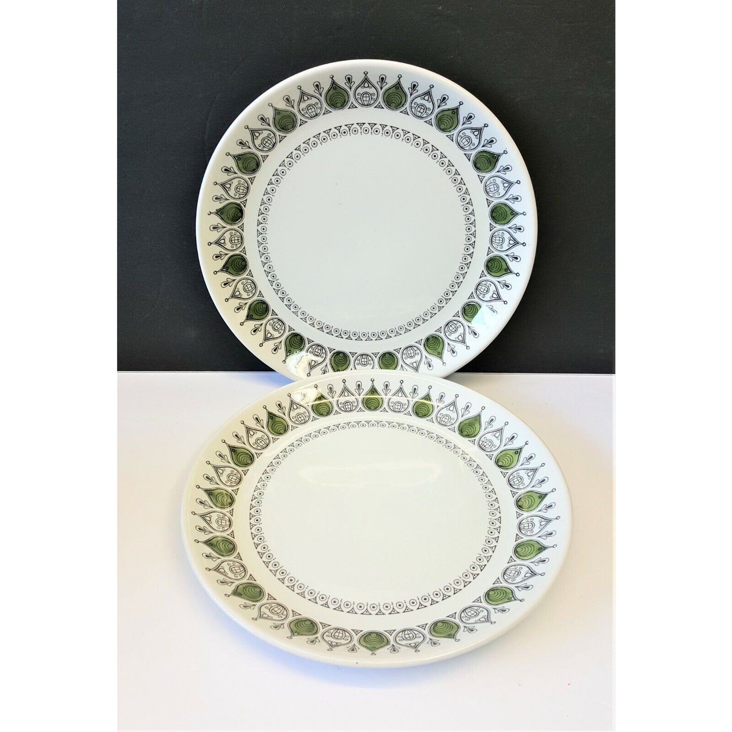 Set/2 Bilton's Staffordshire England Ironstone 10" Dinner Plates MCM green white