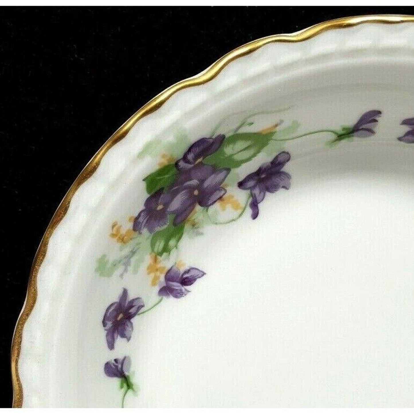 Set/3 Embassy Vitreous China Violets 5.25" Fruit Bowls gold trim scalloped VTG