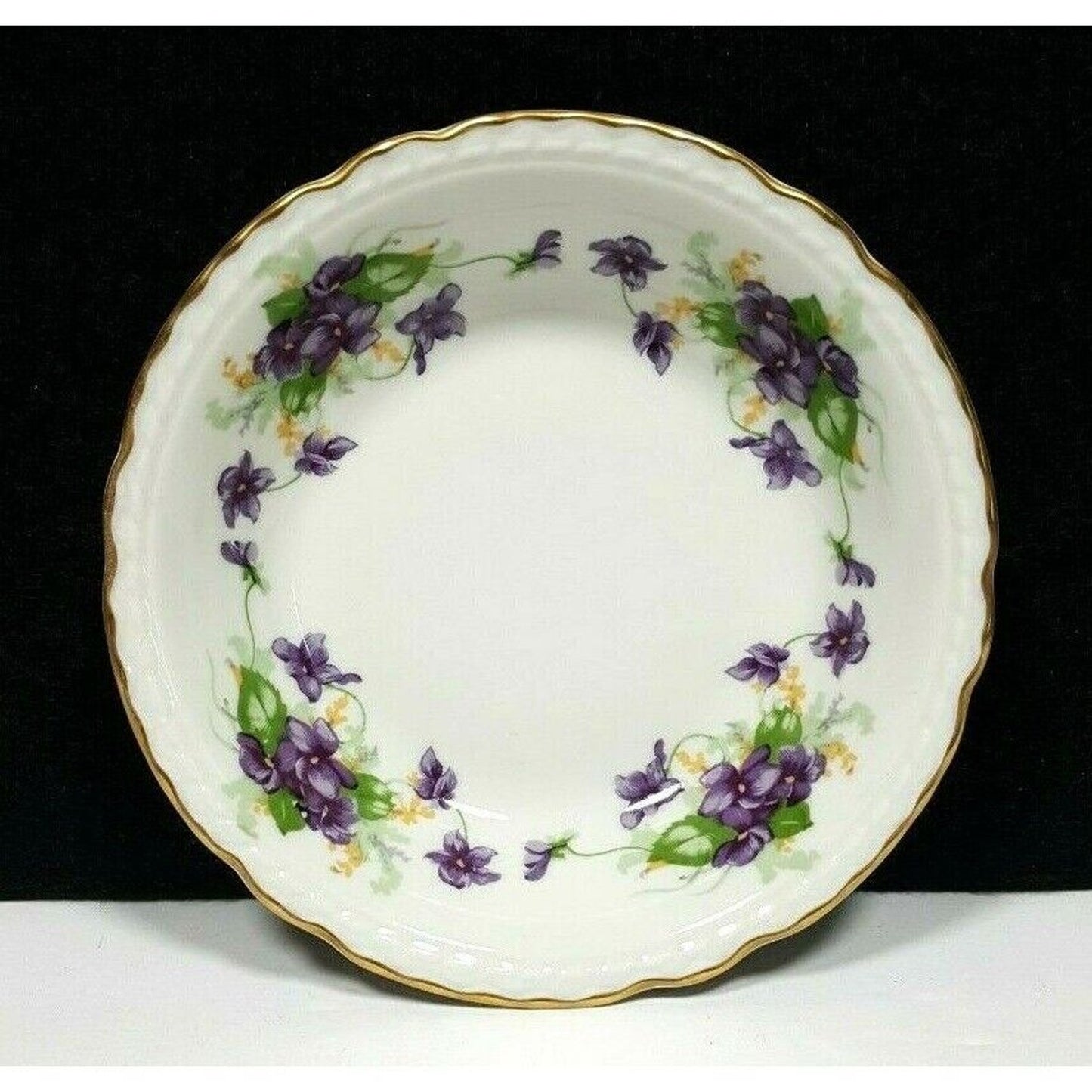 Set/3 Embassy Vitreous China Violets 5.25" Fruit Bowls gold trim scalloped VTG