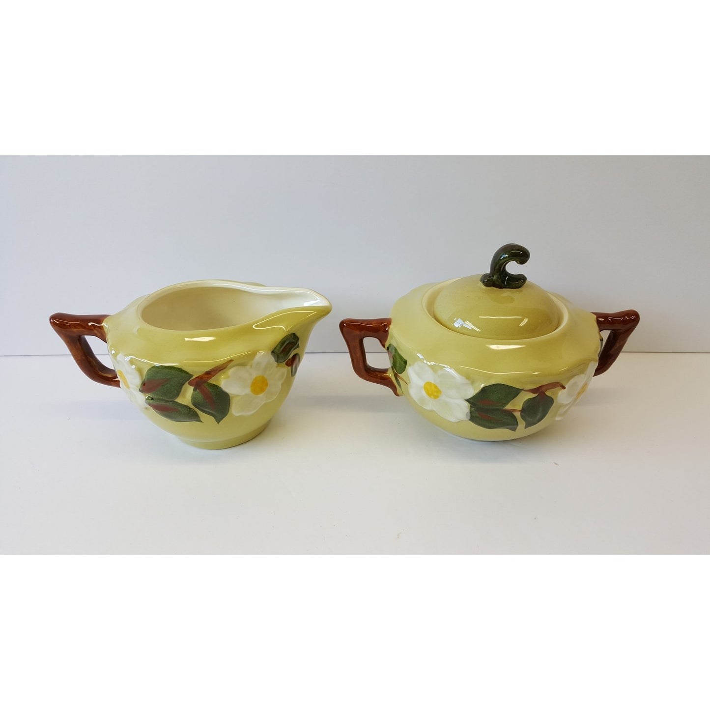 Stangl Pottery White Dogwood Creamer and Sugar Bowl MCM hand-painted