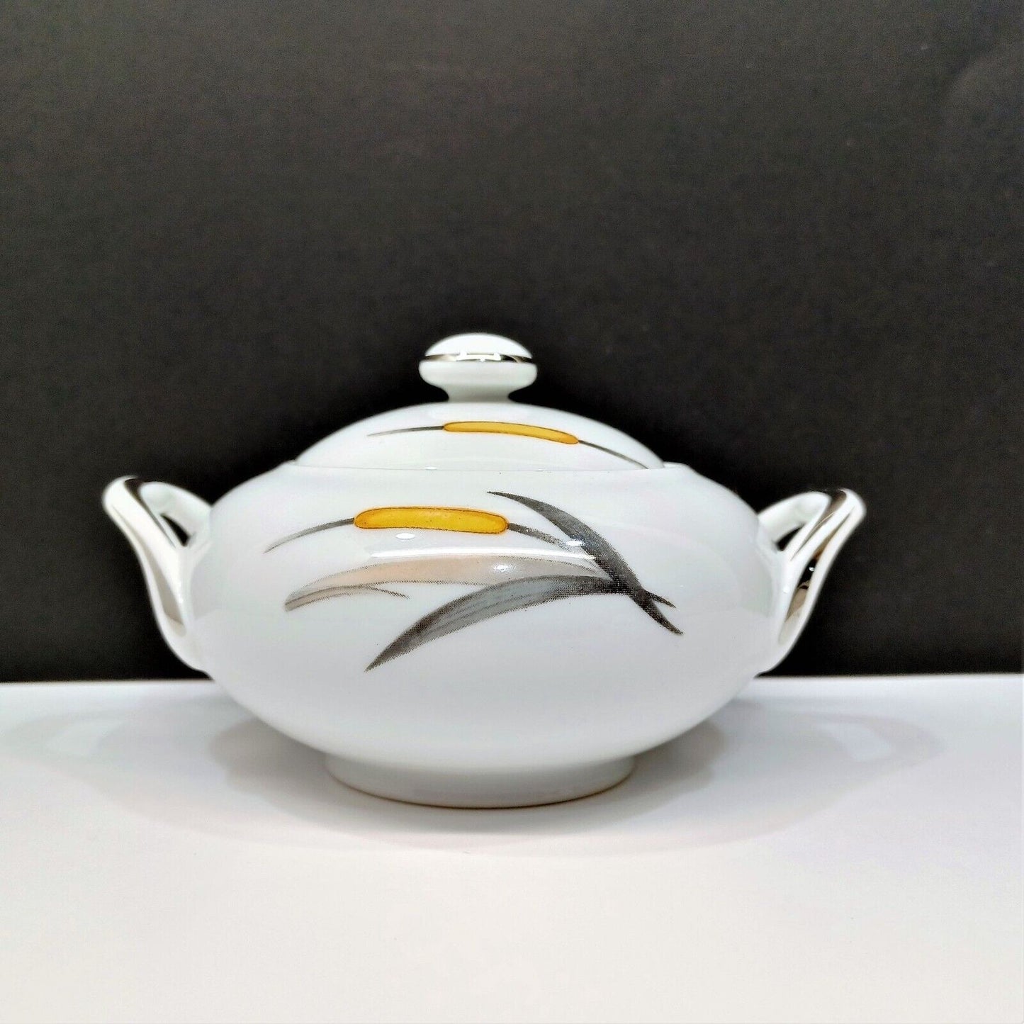 Sango Del Mar Sugar Bowl with Lid yellow cattails platinum trim MCM mid-century