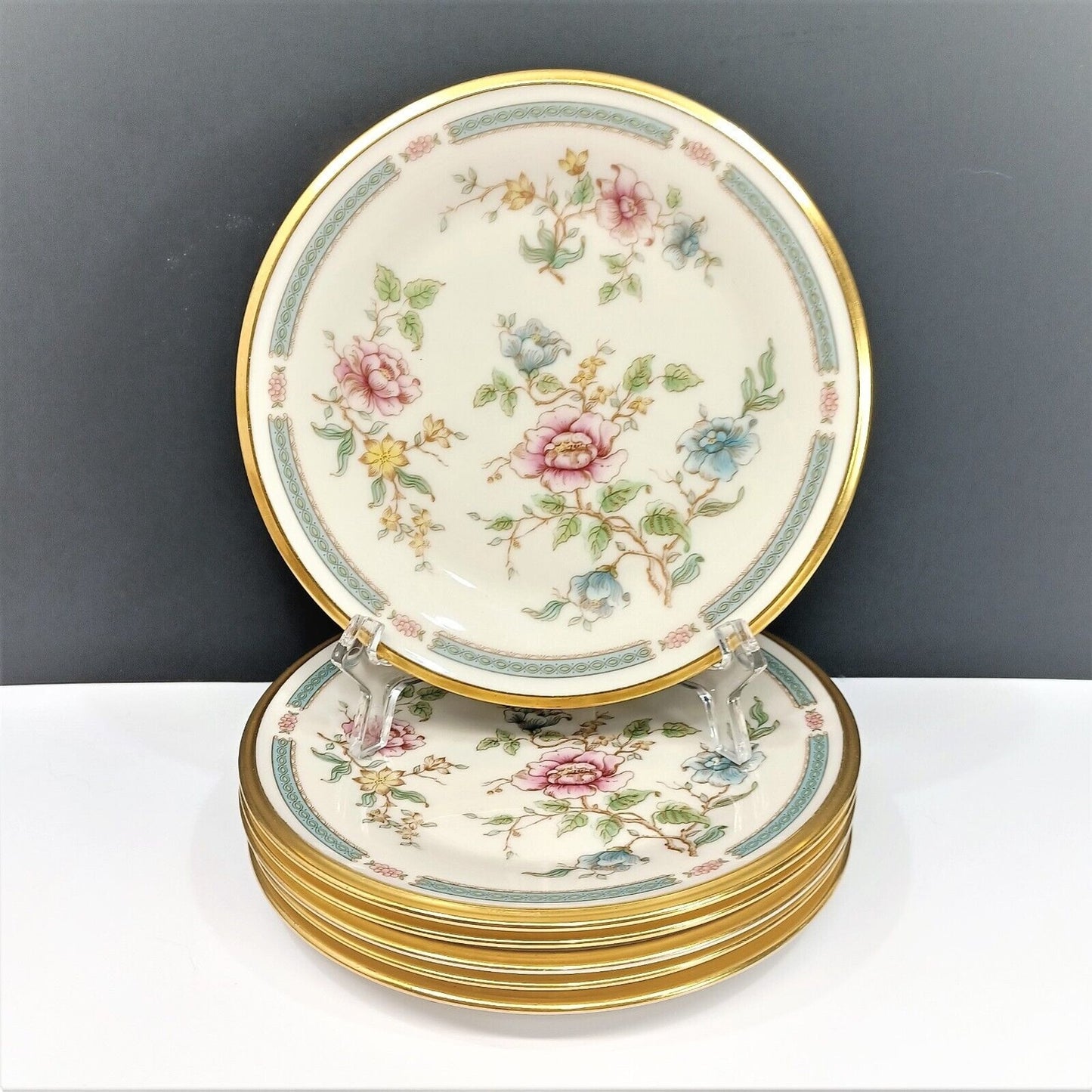 Set/6 Lenox China 6-3/8" Bread Plates Morning Blossom flowers gold trim USA B4