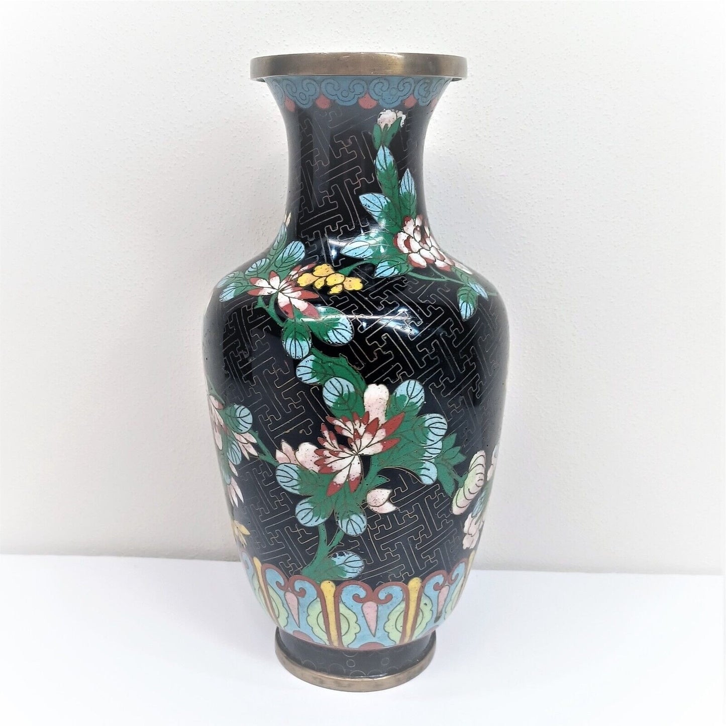 Vintage Chinese Cloisonne 9-1/4"h Vase Flowers black ground pre-WWII