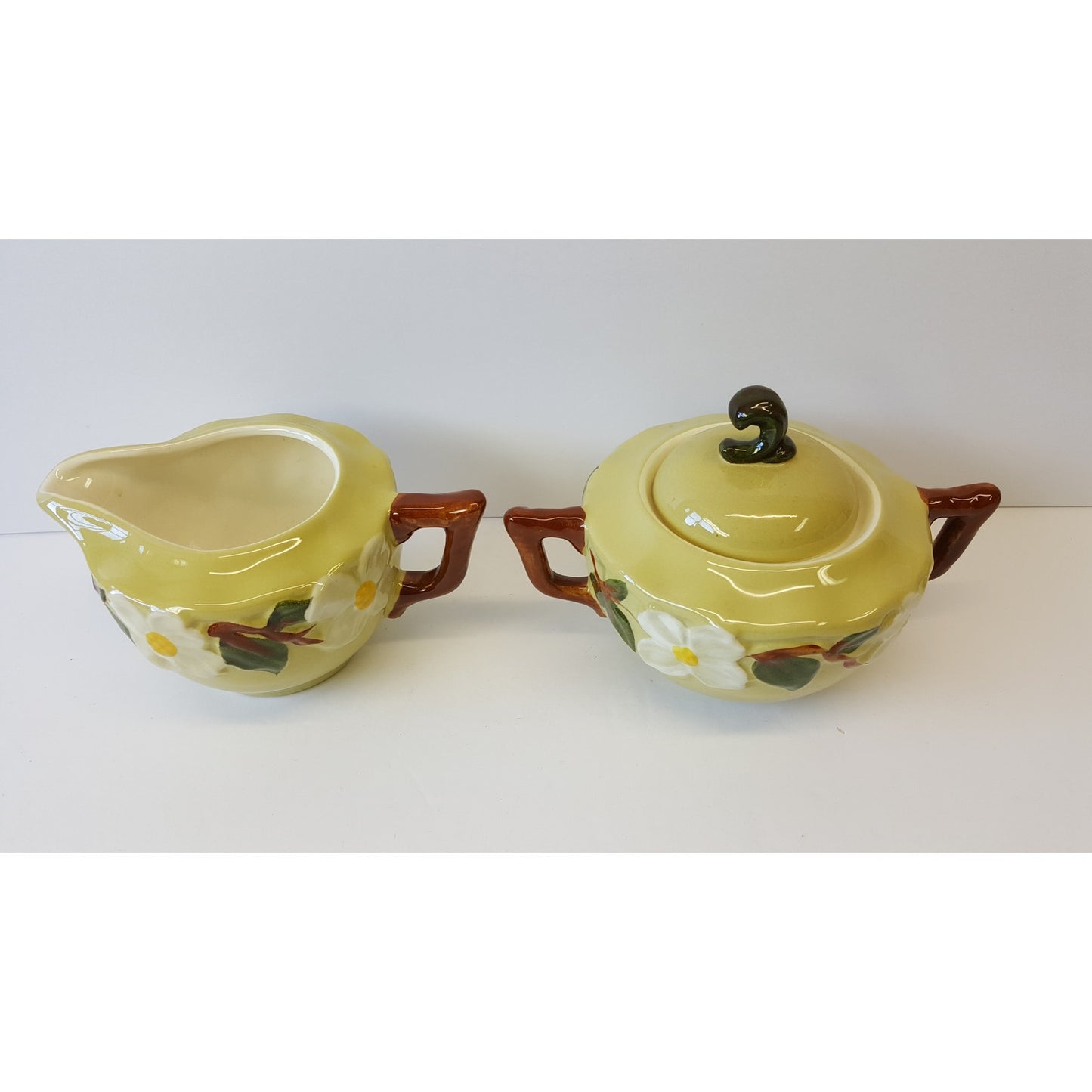 Stangl Pottery White Dogwood Creamer and Sugar Bowl MCM hand-painted