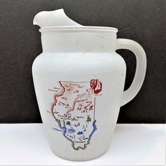 Vintage Illinois Souvenir White Frosted Glass 9" Pitcher Map Bird Cardinal L5