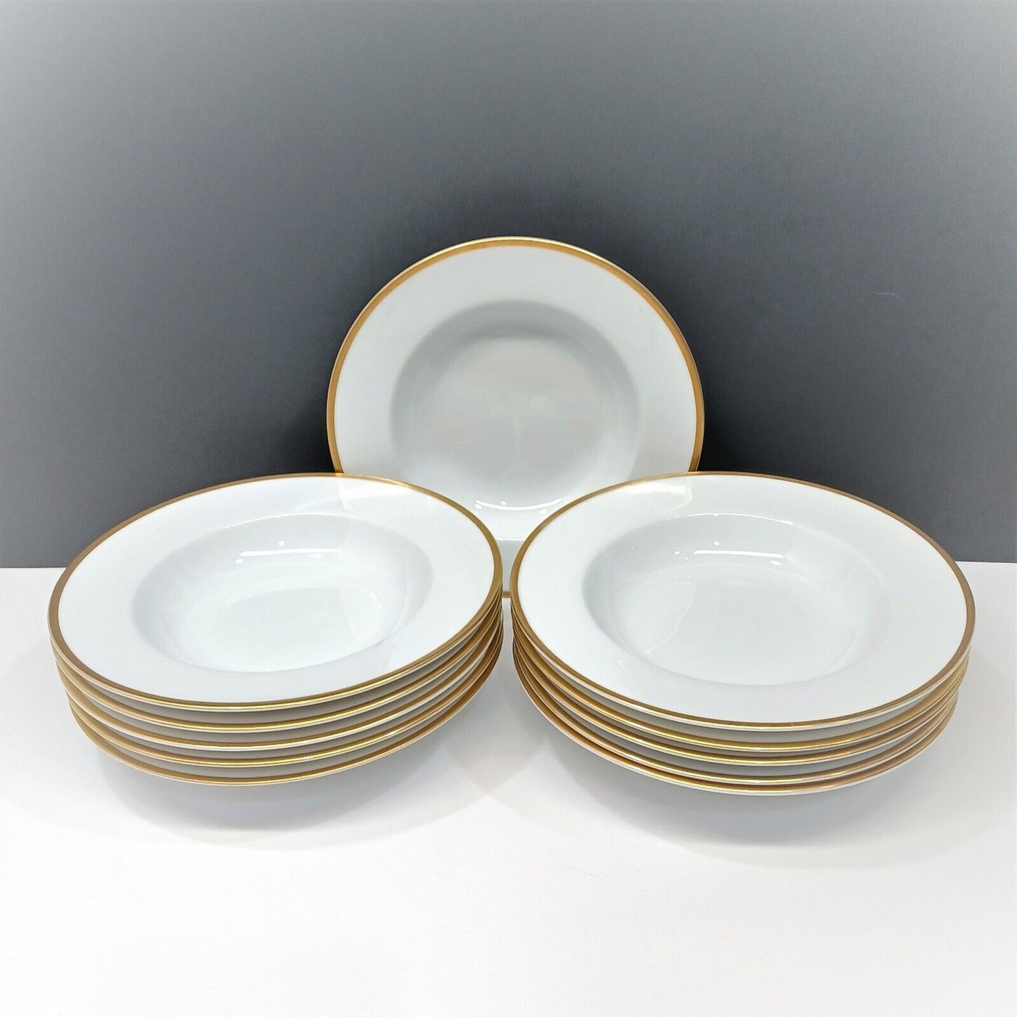 Set/11 Noritake Patricia 8" Rim Soup Bowls 1948-1952 White w/ Gold Trim 4982