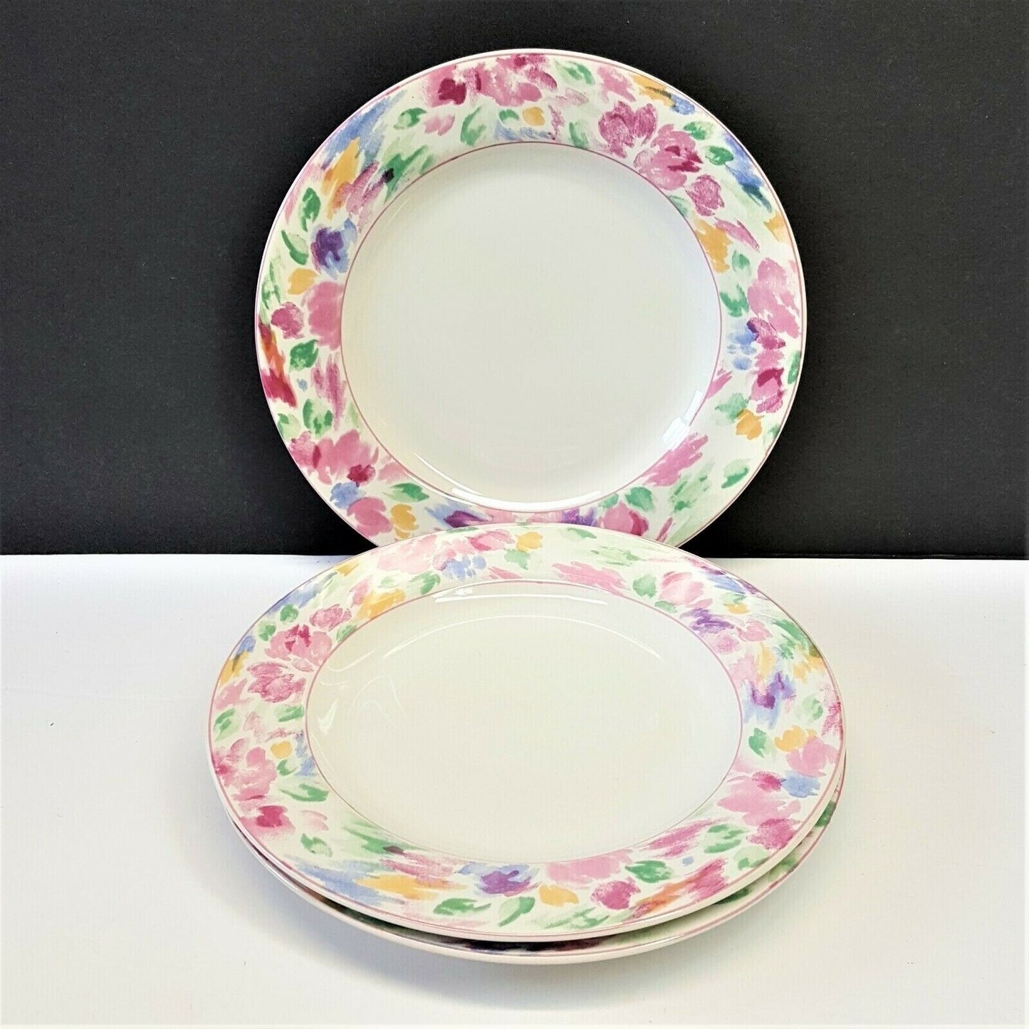 Set/3 Vitromaster Bali 7-3/4" Salad Plates stoneware pink floral abstract 1990