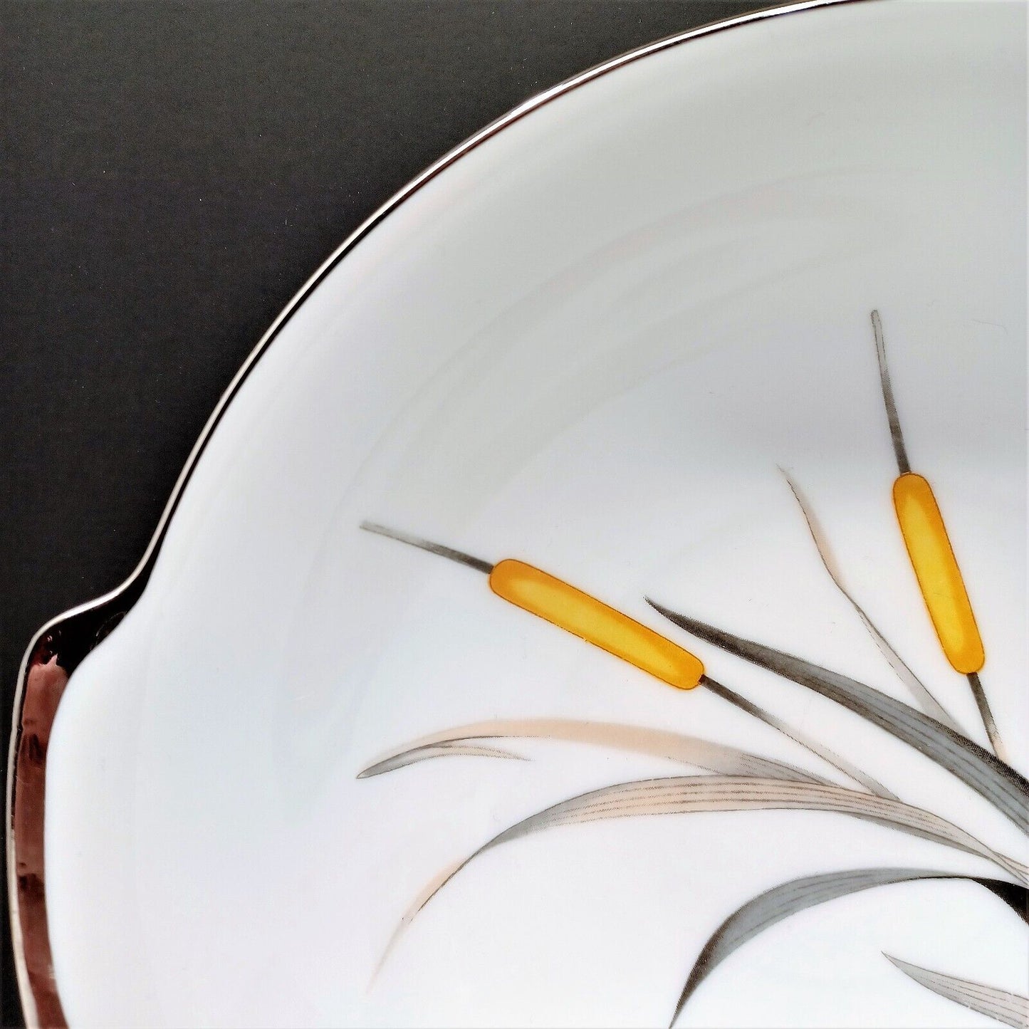 Sango Del Mar Round Vegetable Bowl yellow cattails platinum trim MCM mid-century