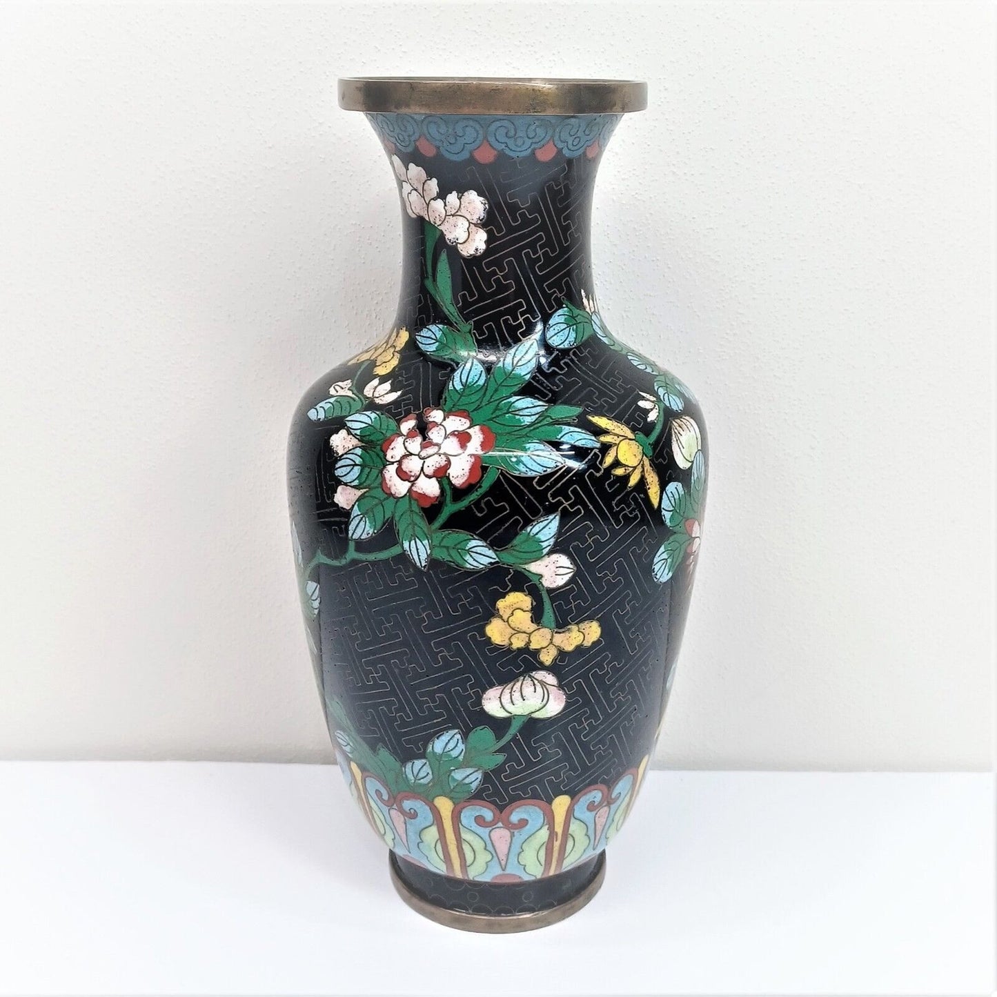 Vintage Chinese Cloisonne 9-1/4"h Vase Flowers black ground pre-WWII