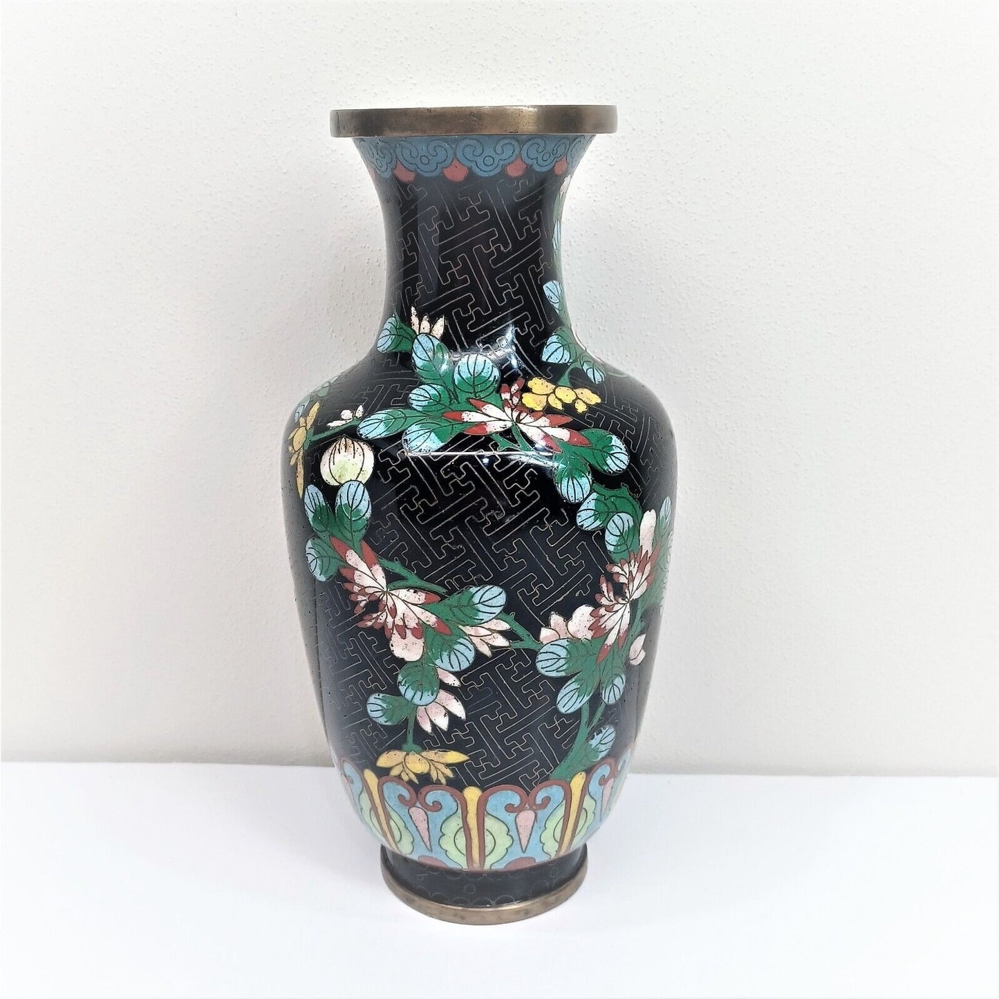 Vintage Chinese Cloisonne 9-1/4"h Vase Flowers black ground pre-WWII