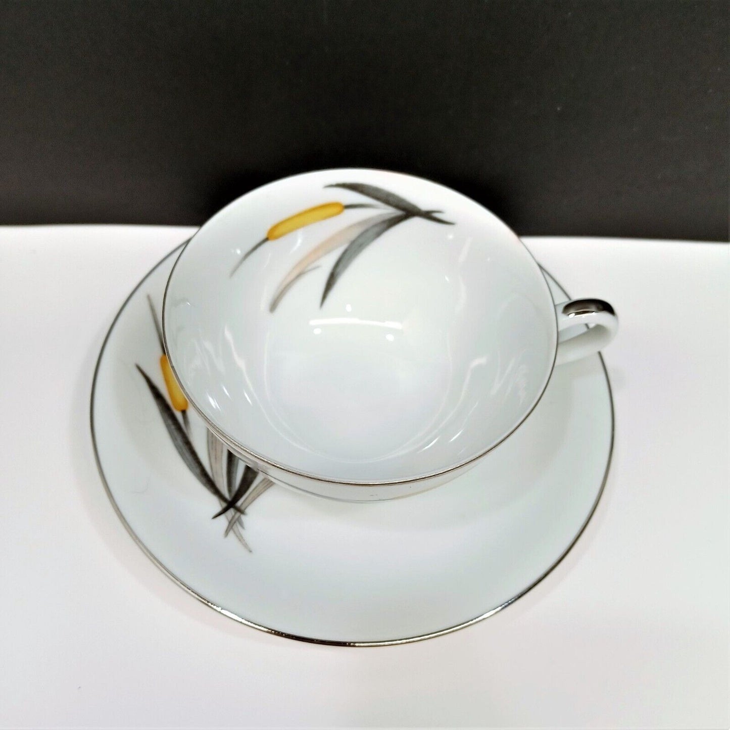 Lot/12 Sango Del Mar Cup & Saucer Sets yellow cattails platinum trim MCM