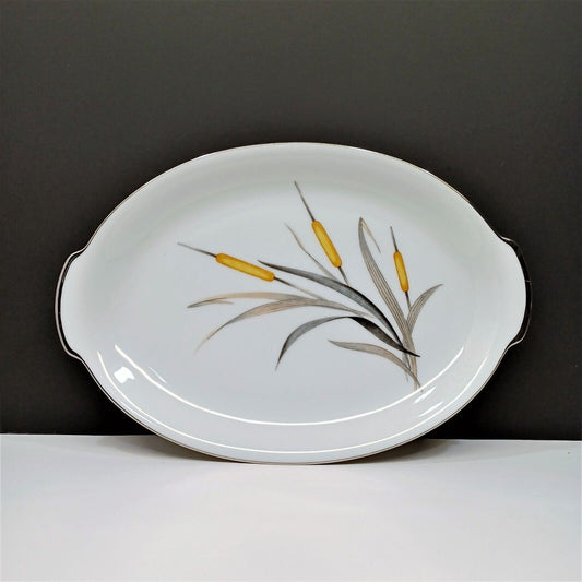 Sango Del Mar Small Oval Platter 12-3/8"x8.5" yellow cattails platinum trim MCM