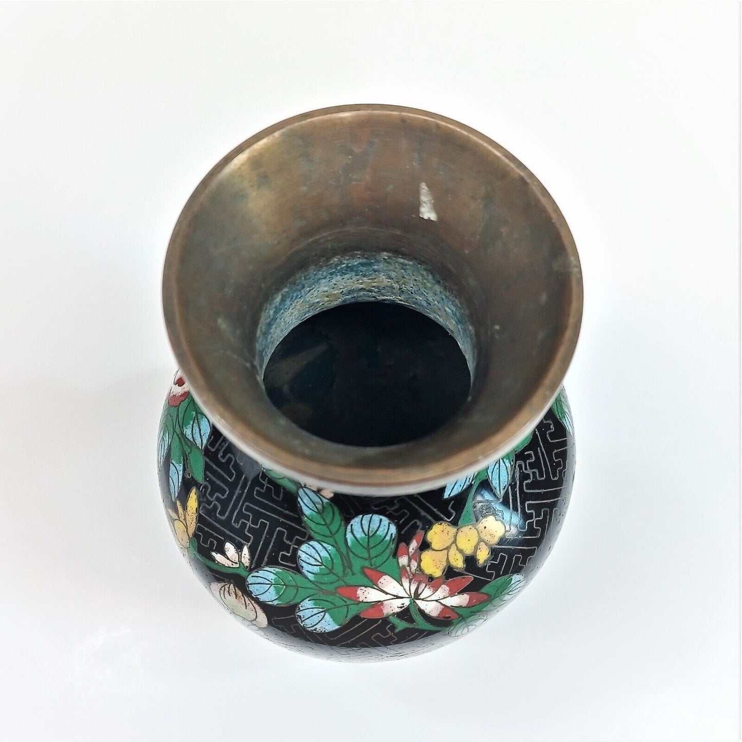 Vintage Chinese Cloisonne 9-1/4"h Vase Flowers black ground pre-WWII