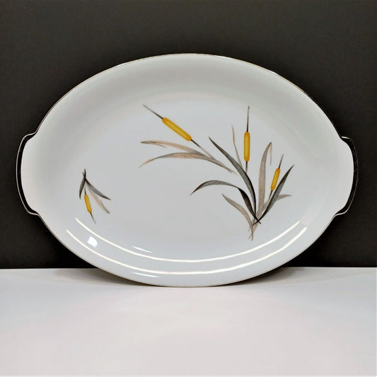 Sango Del Mar Large Oval Platter 16"x11" yellow cattails platinum trim MCM